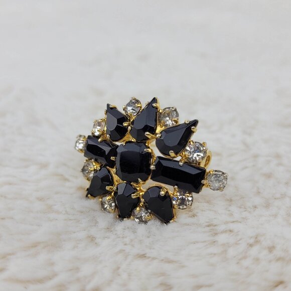 1950's Black and Clear Rhinestone Flower Pin - Picture 3 of 4